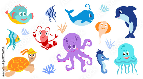 Set of sea characters elements such as octopus, sea turtle, jellyfish, dolphin, whale, seahorse, fish, shrimp, sea ray. Vector hand drawn doodle illustration isolated on white background.  © Hanna Yemelianova