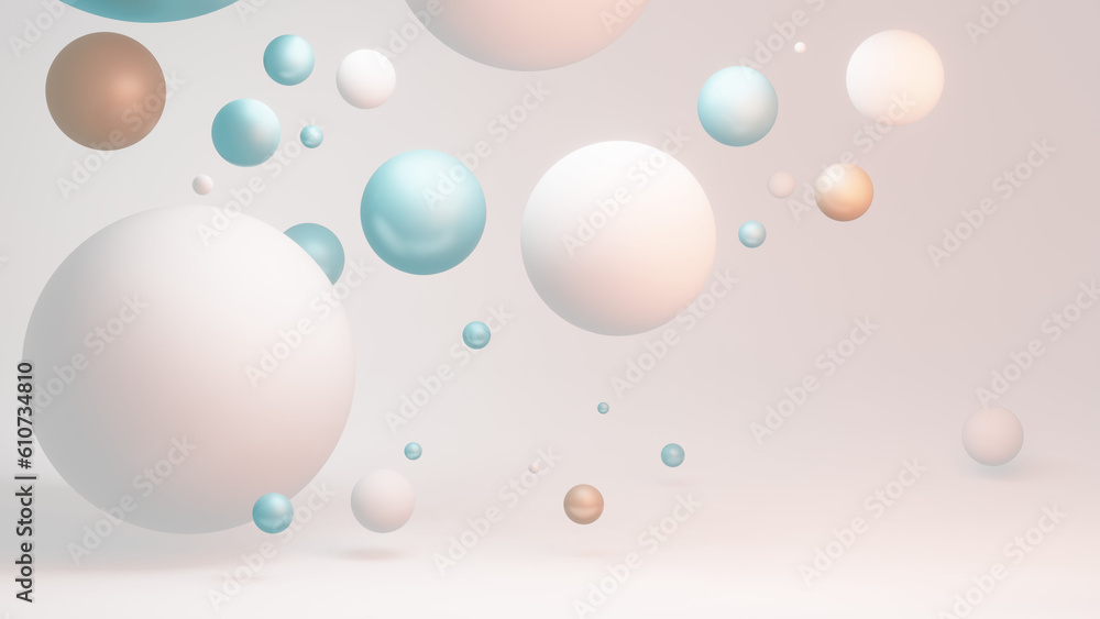 Clean and peaceful background of perfect metallic 3D spheres floating in the air in soft and pastel colors Clean and peaceful background of perfect metallic 3D spheres floating in the air in soft and pastel colors