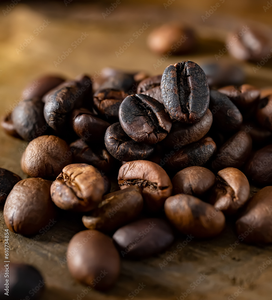 Macro roasted coffee beans, rustic Macro roasted coffee beans, rustic