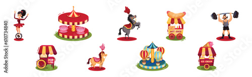 Colorful ircus Objects with Woman Acrobat, Horse, Strongman, Hot Dog Stall, Ice Cream and Carousel Vector Set