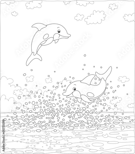 Merry dolphins jumping out of water in splashes, somersaulting in air and playing in waves of a tropical sea, black and white vector cartoon for a coloring book