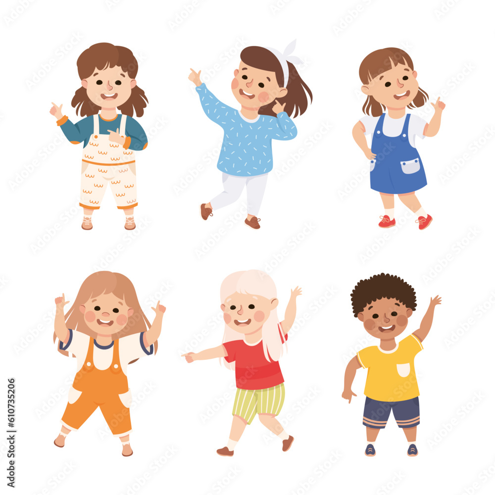 Funny Kids Pointing at Something with Extending Hand and Index Finger Vector Set Funny Kids Pointing at Something with Extending Hand and Index Finger Vector Set