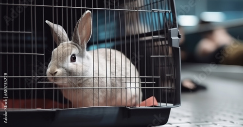 Rabbit in a cage at the airport. Traveling with animals. AI generation photo