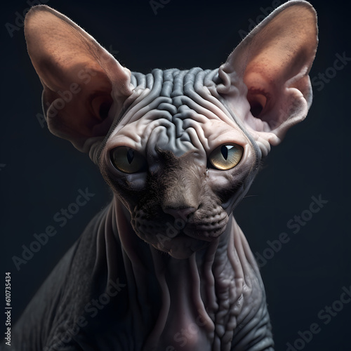 Immerse yourself in the dramatic portrait of a Sphynx cat kitten  capturing its otherworldly beauty and enchanting presence. Witness the captivating allure of this majestic feline.