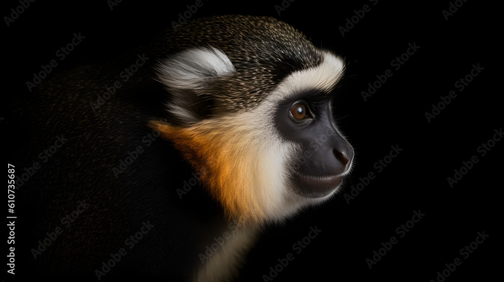 Intense and mesmerizing: A white-faced monkey commands attention in a dramatic wildlife portrait. Against a deep black backdrop, its captivating beauty captivates. Intense and mesmerizing: A white-faced monkey commands attention in a dramatic wildlife portrait. Against a deep black backdrop, its captivating beauty captivates.