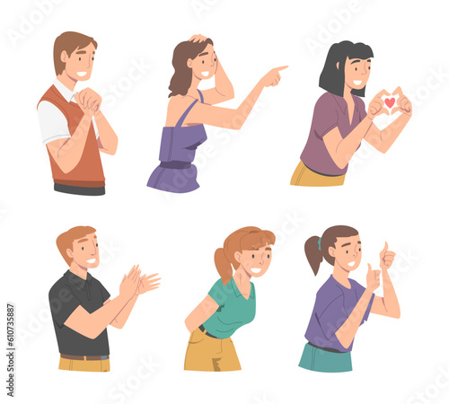 Excited People Character Looking at Someone Show Hand Gesture and Emotion Vector Set