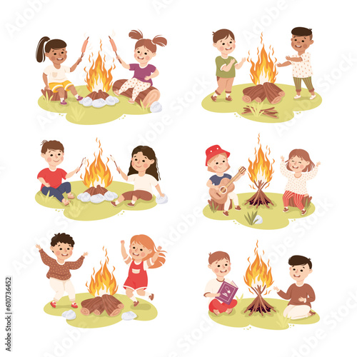 Little Children Sitting Near Campfire Playing Guitar and Frying Sausage Vector Set