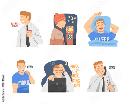 Man Office Employee Day Routine Vector Illustration Set