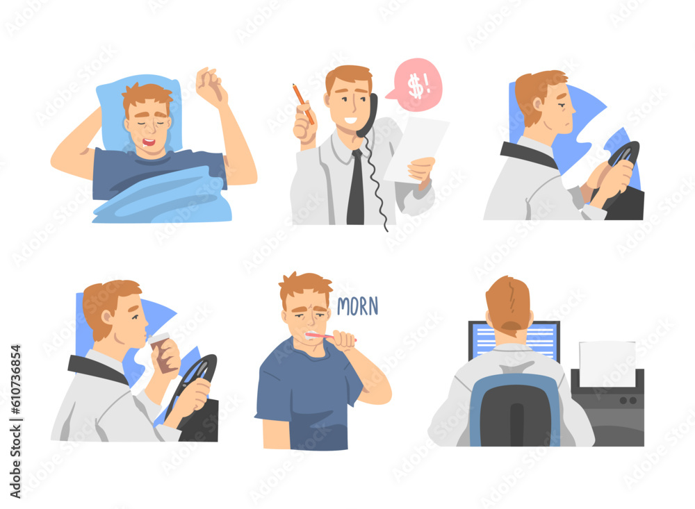 Man Office Employee Day Routine Vector Illustration Set Man Office Employee Day Routine Vector Illustration Set