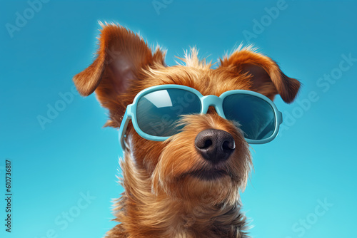 Happy dog wearing big sunglasses on vacation