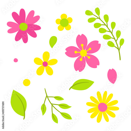 Set of spring flowers. Beautiful decorative natural plants, buds and leaves.
