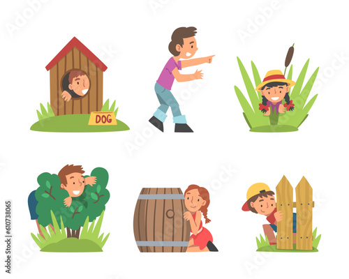 Kids Playing Hide and Seek Concealing Behind Fence and Bush Vector Set