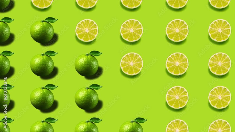 Stop motion Cut and whole Lime appear and disappear on pastel background. High quality video 4K. Detailed stop motion video. Background or wallpaper in food and drinks videos. Stop motion Cut and whole Lime appear and disappear on pastel background. High quality video 4K. Detailed stop motion video. Background or wallpaper in food and drinks videos.