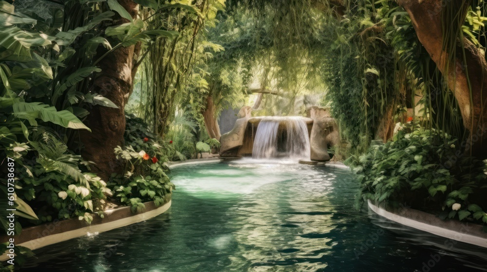 Naklejka premium Hidden oasis surrounded by lush vegetation, with a majestic waterfall cascading into a clear pool, creating a refreshing and tranquil atmosphere