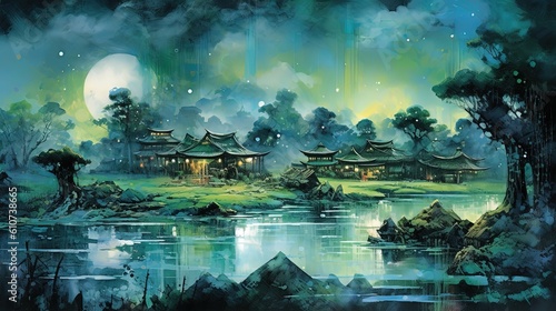 illustration of Southeast Asian rural village, Generative Ai photo