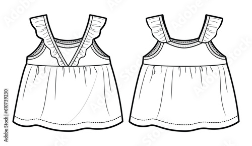 Kids Infant Girls Ruffle Strappy Sleeveless Dress Front and Back View. Fashion Illustration, Vector, CAD, Technical Drawing, Flat Drawing, Template, Mockup