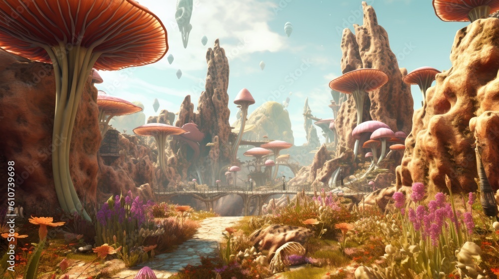 Fototapeta premium Alien landscape with bizarre rock formations, strange plants, and exotic creatures, transporting the viewer to an unknown and fantastical world