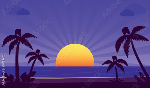 Sunset on the beach with palms. Vector illustration.