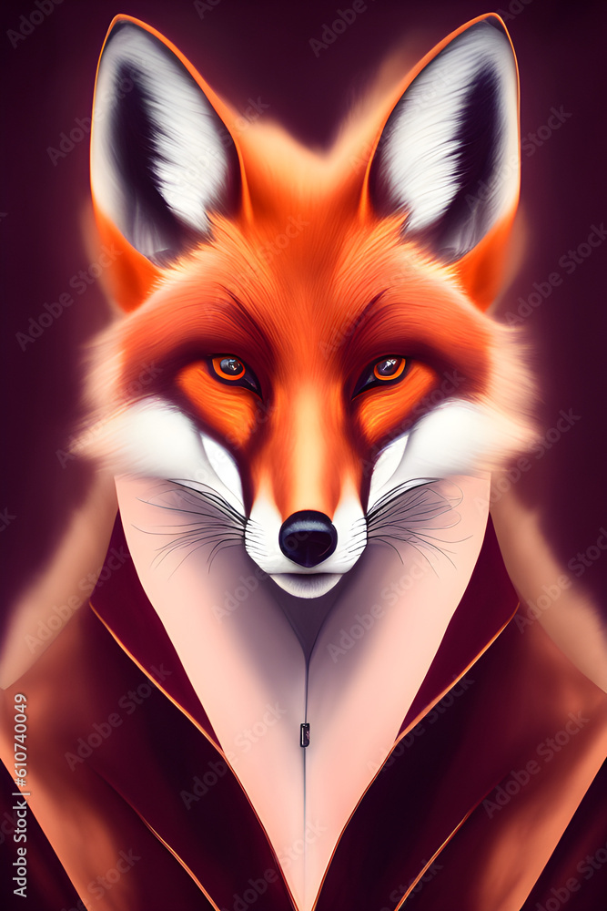 Obraz premium Portrait of a red fox on a dark background. The head of a beautiful forest animal. A clever look of a dodgy fox, a skilled predator and an elegant animal, generative ai
