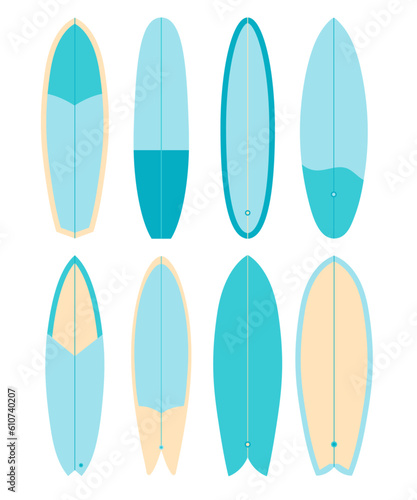 Surfing. Set of illustrations of surfboards in blue colors on a white background.