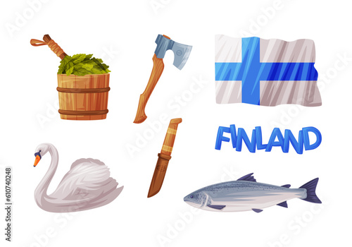 Finland Country Symbol with Swan, Bath Besom, Flag, Axe, Dagger and Fish Vector Illustration Set