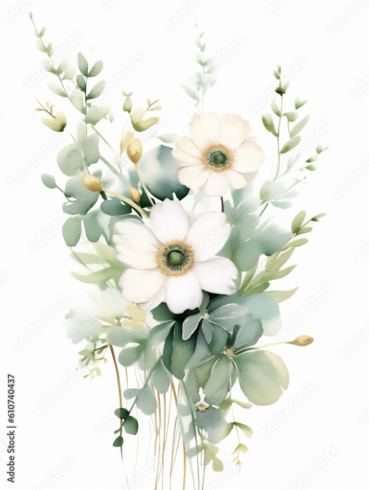 water color white flowers on white background with copy space, ai generated