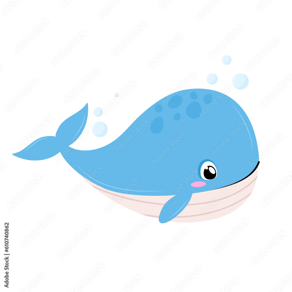 Cute whale vector illustration. Cartoon illustration of a whale in a flat style on a white background.