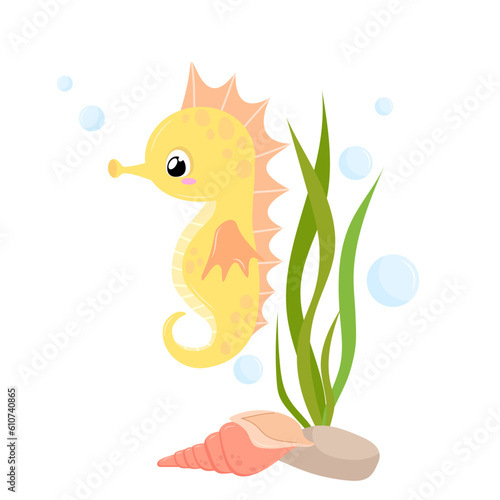 Small seahorse among bubbles and algae. Sea animal in a flat style on a white background.