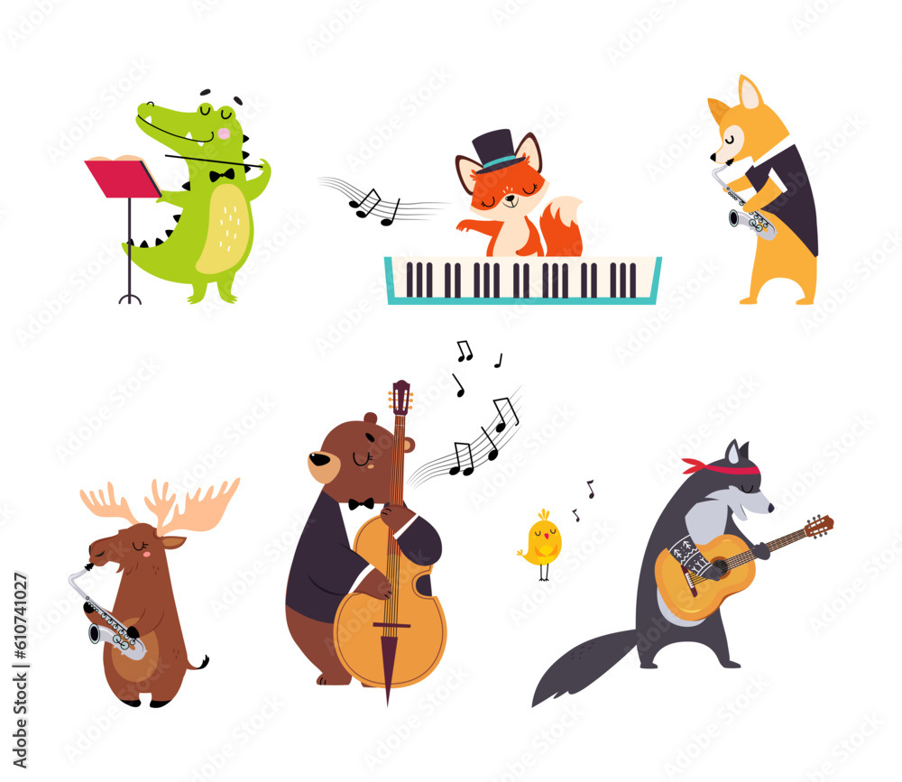 Funny Animal Character Playing Musical Instrument Performing Concert Vector Illustration Set
