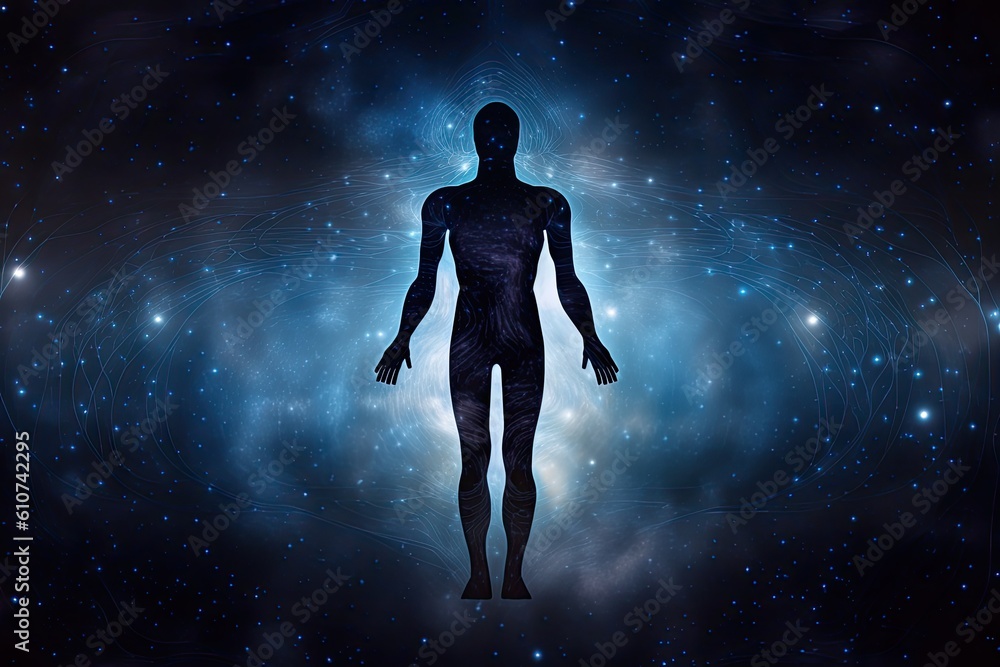 Digital illustration of human body against space background with stars and nebula, Astral body silhouette with abstract space background, AI Generated