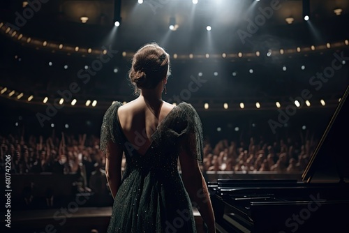 Beautiful girl in a green evening dress on the background of the concert hall, An opera singer full rear view singing in front of large audience, AI Generated