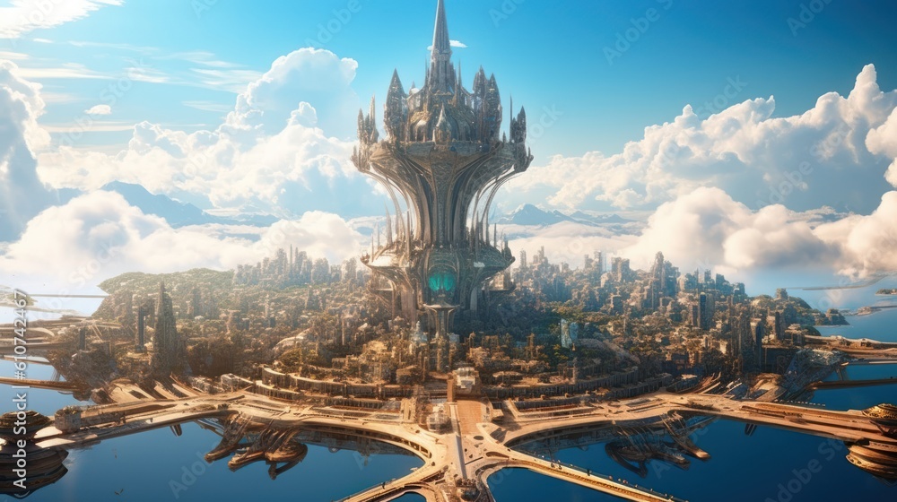 Wonderful city suspended in the sky, with intricate architecture, floating platforms, and breathtaking vistas