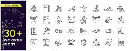 Workout exercise with equipment line icon contains such as Weightlifting, Running, Swimming, walking, stretching and many more. Editable Stroke icons collections