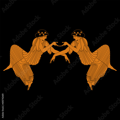 Symmetrical ethnic design with two reclining women. Ancient Greek vase painting style. On black background.