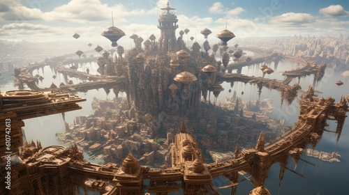 Wonderful city suspended in the sky  with intricate architecture  floating platforms  and breathtaking vistas