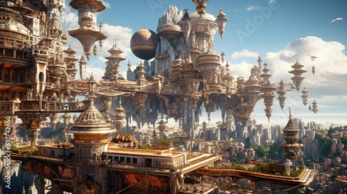 Wonderful city suspended in the sky, with intricate architecture, floating platforms, and breathtaking vistas