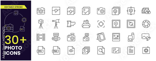 Set of photo and cameras, vector line icons. Contains symbols of portraits, family photos, Camera, Flim, Files and much more. Editable Stroke icons