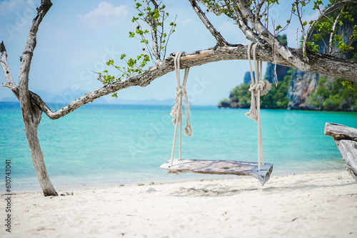 Wooden swing under the tree on the beach with beautiful natural scenery of Krabi Thailand. Beach and blue sea with wooden swings on island with beautiful view in tropical south of Thailand.