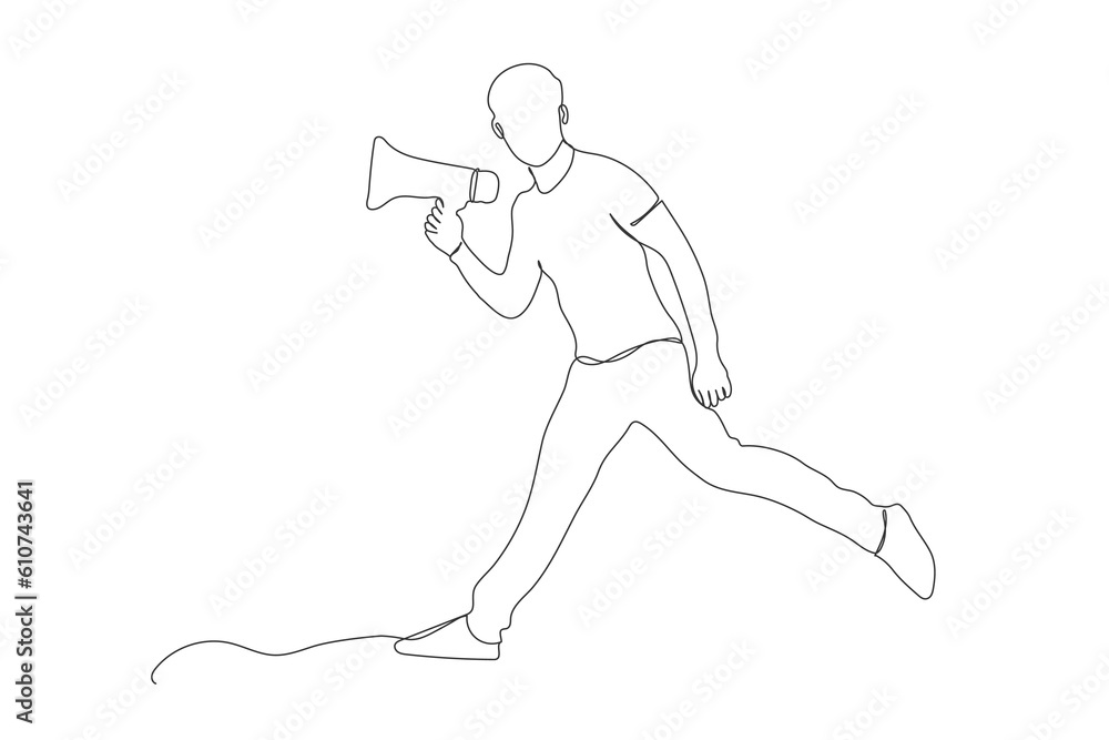A young happy man holding a microphone and jumping continuous line art. a young boy announcement something with a mike. young man line art. A young happy man holding a microphone and jumping continuous line art. a young boy announcement something with a mike. young man line art.