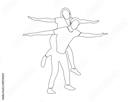 Couple are enjoying line art vector. happy friend enjoys line art. a guy carries a lady on her back Continuous line art. enjoy with friends