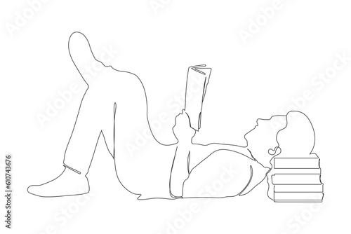 A student reading book continuous line art drawing. a boy sitting and reading a book. a boy read many books line art.