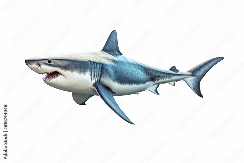 Naklejka premium Great white shark isolated on white background. Created with Generative AI.