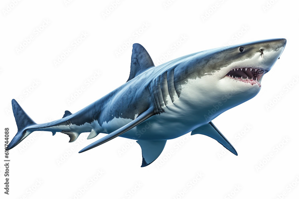 Great white shark isolated on white background. Created with Generative AI. Great white shark isolated on white background. Created with Generative AI.