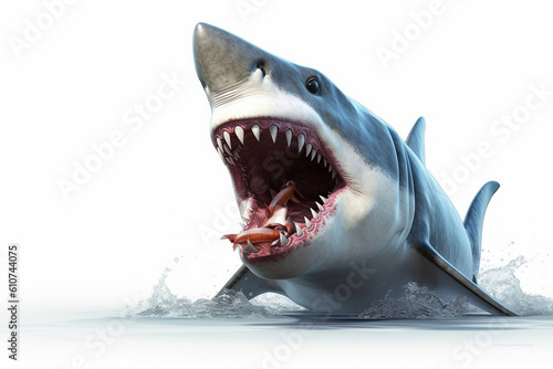 Great white shark hunting fish over water. Isolated on white background. Created with Generative AI.