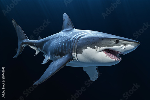 Great white shark underwater in ocean. Created with Generative AI.