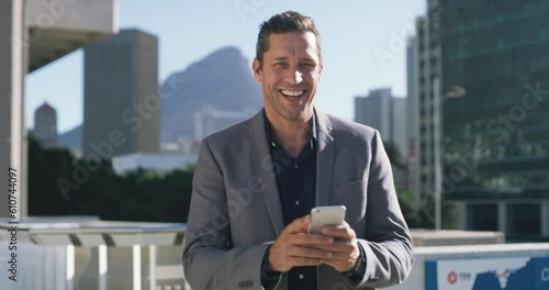 Phone, city walk and happy man typing email, online app search or check morning news story in New York. Smartphone, urban commute and corporate person networking, travel and texting business contact photo