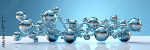 Banner 3d molecule or atoms close up on light blue background. Biochemical, pharmaceutical, beauty and other medical concept. Generative AI technology