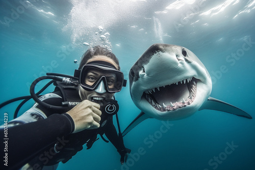 Scuba diver selfie with great white shark underwater. Active holiday by the sea. Created with Generative AI.  photo