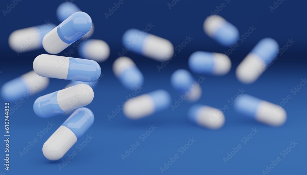 A group of antibiotic pill capsules falling. Healthcare and medical 3D illustration background. Medicine concept. Copy of space. 3D render. A group of antibiotic pill capsules falling. Healthcare and medical 3D illustration background. Medicine concept. Copy of space. 3D render.