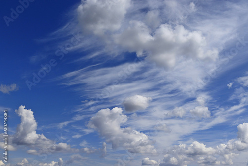 An image of a summer blue sky with a beautiful pattern of white clouds of various shapes.